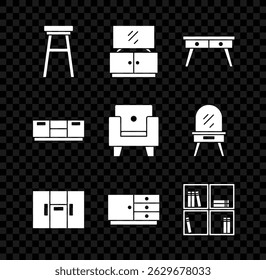 Set Chair, TV table stand, Office desk, Wardrobe, Chest of drawers, Shelf with books, Furniture nightstand and Armchair icon. Vector