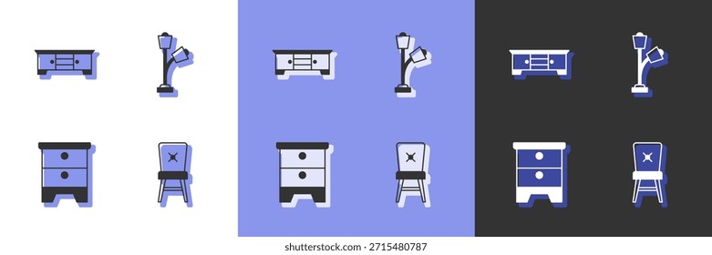 Silla del sistema, soporte de la tabla de la TV, mesita de noche de los muebles y icono de la lámpara de piso. Vector