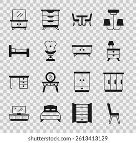 Set Chair, Wardrobe, Nightstand with lamp, Table chair, Armchair, Bed, Dressing table and Furniture nightstand icon. Vector
