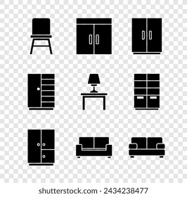 Set Chair, Wardrobe, Sofa,  and Table lamp on table icon. Vector