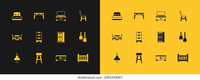 Set Chair, Wardrobe, TV table stand, Chest of drawers, Big bed and Office desk icon. Vector