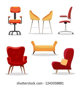 Set of Chairs. Comfortable furniture armchair and modern seat design in interior illustration. business office-chairs or easy-chairs isolated on white background Flat cartoon style vector illustration