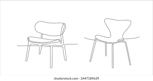 Set of chairs in continuous single line drawing style. Interior element of furniture. One line drawing collection of chairs. Modern furniture editable stroke. Handdraw contour doodle illustration