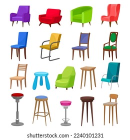 Set of chairs of different colors and shapes. Modern and classic furniture for home, office and cafe cartoon vector illustration