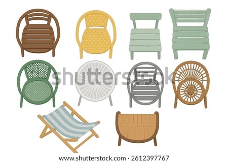 A set of chairs featuring varied designs and colors viewed from above, suitable for patio, garden, or outdoor furniture in landscape and interior planning, presented as flat vector illustrations on a