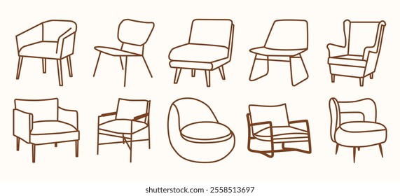 Set of chairs in line art style for use in illustrations, backgrounds, interior design. Hand drawn armchair and sofa icons isolated on beige background.