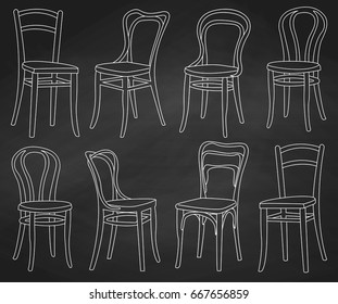 Set of chairs painted chalk on a chalkboard. Vector illustration