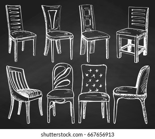 Set of chairs painted chalk on a chalkboard. Vector illustration