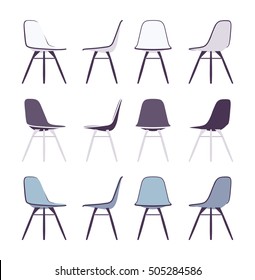 Set of chairs shown from different positions, different not bright colours. Cartoon vector flat-style illustration