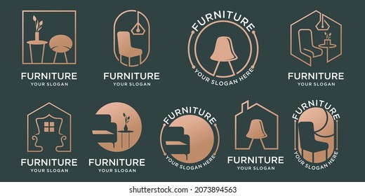 set of chairs, tables, collection of furniture logos and home decorative lights. Premium Vector logo design template