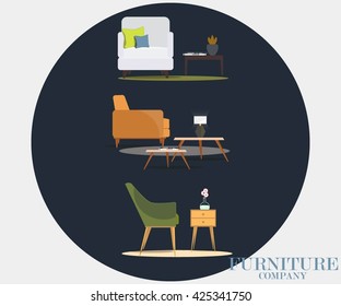 Set of chairs with tables and lamps. Furniture company.