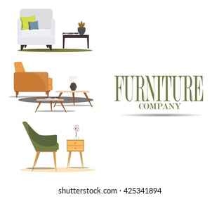 Set of chairs with tables and lamps. Furniture company.