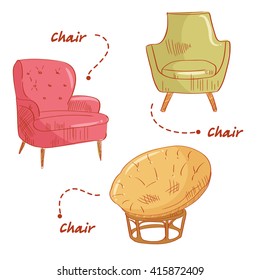 Set with chairs. Vector illustration. Hand drawn.