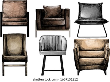 set of chairs view straight in loft style, sketch vector color graphics isolated on white background