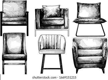 set of chairs view straight in loft style, sketch vector monochrome graphics isolated on white background