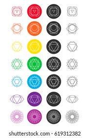 Set of chakra icons. Colored and black and white. Line art.