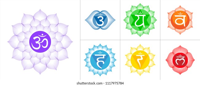 A set of chakras of the human body - Sahasrara, Ajna, Vishudha, Anahata, Manipura, Svadhistan, Muladhara.