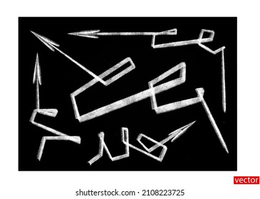 Set of chalk arrow. Broken corner arrows. Arrows drawn with chalk on a chalkboard. White arrows isolated on a black background. 
