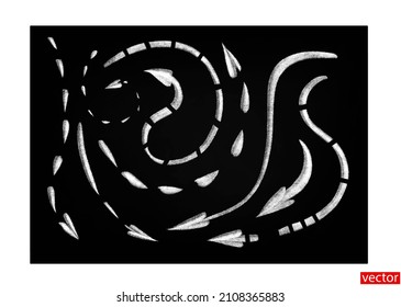 Set of chalk arrow. Dotted curved arrows. Arrows drawn with chalk on a chalkboard. White arrows isolated on a black background. Vector 