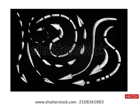 Set of chalk arrow. Dotted curved arrows. Arrows drawn with chalk on a chalkboard. White arrows isolated on a black background. Vector 