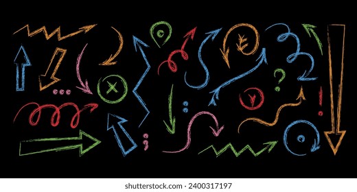 Set of chalk arrows. Hand drawn arrows, punctuation marks. Doodle vector illustration. 