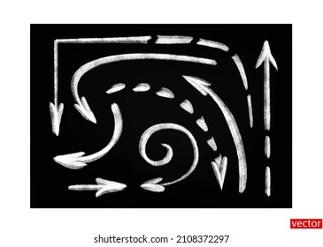 Set of chalk arrows isolated on a black background. Dotted arrows. Corner arrow. Texture chalk. One line drawing. White arrows on the blackboard. Vector