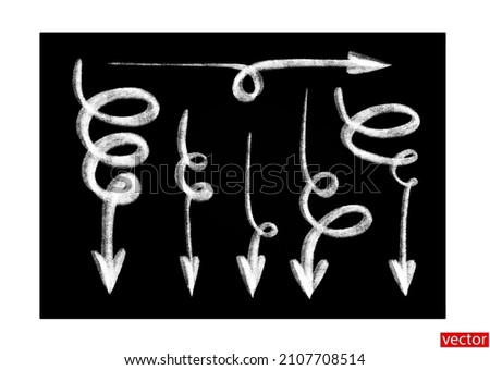 Set of chalk arrows isolated on a black background. Spiral arrows. Driving direction arrow. Movement mark. Rotary motion. Texture chalk. One line drawing. White arrows on the blackboard. Vector