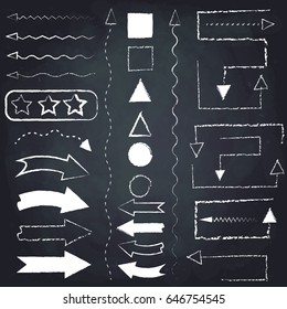 Set of chalk arrows and symbols. Hand drawn illustration. Chalkboard background.