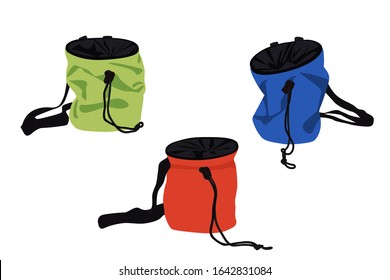 Set of chalk bags for rock climbing isolated on white background. Vector illustration.