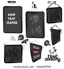 A set of chalk black and gray boards of different shapes.Drawing of the sun in chalk. The boards are hung on various hooks and nails.Button, paper clip. For cafes, restaurants, hotels or workshops.