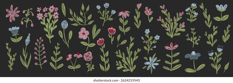 Set chalk botanic blossom floral elements. Branches, leaves, herbs, wild plants, flowers. Hand drawn garden, meadow field collection. Kids freehand vintage pencil textured vector illustration isolated