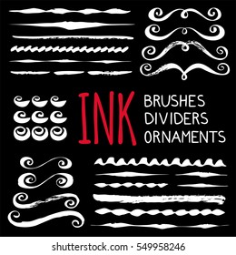 Set of chalk brushes, dividers and ornaments. Hand painted with ink. Graphic design elements for web sites, stationary printables, fabric, scrapbooking etc. Vector illustration