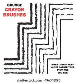 Set of chalk brushes. With inner and outer corners, begin and end tiles. Grunge brushes set. Grunge divider or border. Isolated decorative chalk frame. Vector brush set. Isolated scribble line frame. 