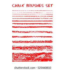 Set of chalk brushes. Vector lines with chalk texture. Hand drawn design elements on chalkboard background. Grunge lines on blackboard texture. Chalk strokes. Chalk brush border. Vector illustration.