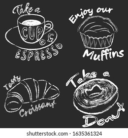Set of chalk coffee and bakery