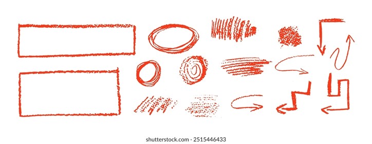 Conjunto de elementos gráficos de doodle de giz. Quadros retangulares, ovais, setas e rabiscos. Coleção escola formas geométricas vermelhas por lápis de cera desenhado. Crayon vetor, textura de pincel de esboço de marcador áspero