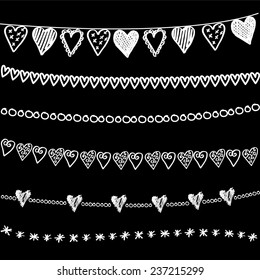 Set of chalk doodle hand drawn garlands, borders on blackboard, vector elements