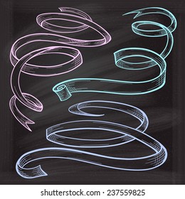 Set of chalk doodle ribbons on the blackboard