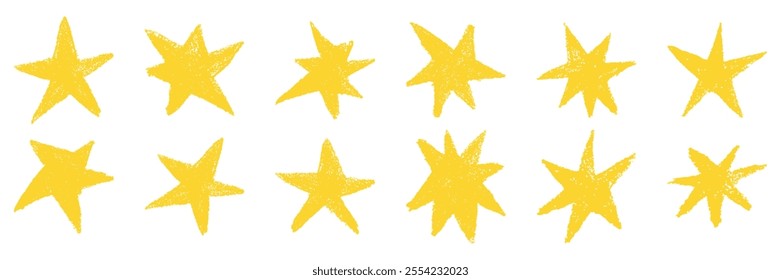 Set of chalk doodle stars. Grunge yellow stars with crayon texture. Hand drawing shape in kid sketch style on transparent background.