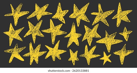 Set of chalk doodle stars. Grunge yellow stars with crayon texture. Hand drawing shape in kid sketch style on black background.	