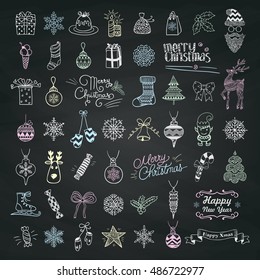 Set of Chalk Drawing Artistic Christmas Doodle Icons. Xmas Vector Illustration. Outlined Sketched Decorative Design Elements, Cartoons on Chalkboard Menu Background. New Year