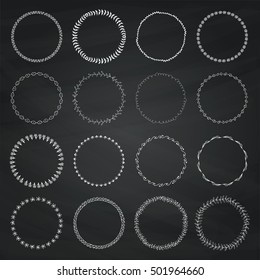 Set of Chalk Drawing Doodle Circle Logo Badge Elements Set, Borders, Frames. Rustic Decorative Design Elements on Chalkboard Texture. Minimal Concept Vector Illustration.