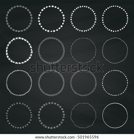 Set of Chalk Drawing Doodle Circle Logo Badge Elements Set, Borders, Frames. Rustic Decorative Design Elements on Chalkboard Texture. Minimal Concept Vector Illustration.