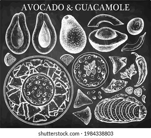 Juego de guacamole, aguacate, nachos, chile, chips de maíz, tostadas de aguacate aisladas en pizarra. Esbozo de comida mexicana dibujada a mano en pizarra. Tentempiés de estilo vintage. Ilustración vectorial.