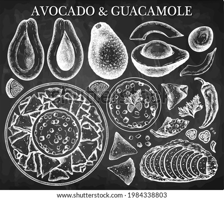 Set of chalk drawing guacamole, avocado, nachos, chili pepper, corn chips, avocado toast isolated on blackboard. Sketch hand drawn mexican food on chalkboard. Vintage style snack. Vector illustration.