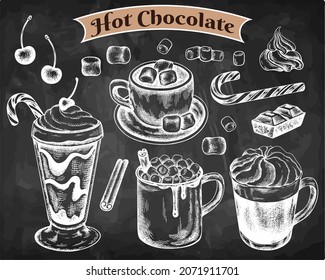 Set of chalk drawing hot chocolate drinks isolated on chalkboard. Sketch hand drawn cocoa cocktails with marshmallow, whipped cream, candy cane, cinnamon stick, cherry. Food menu. Vector illustration.