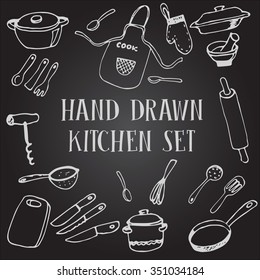 Set of chalk of drawing kitchen tableware on the chalkboard