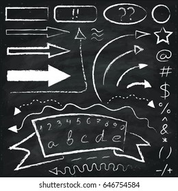 Set of chalk drawn  arrows and symbols on the chalkboard background.