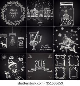 Set of chalk drawn Christmas illustrations. Happy New 2016 Year Theme. Card design. 