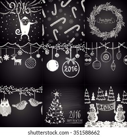 Set of chalk drawn Christmas illustrations. Happy New 2016 Year Theme. Card design. 